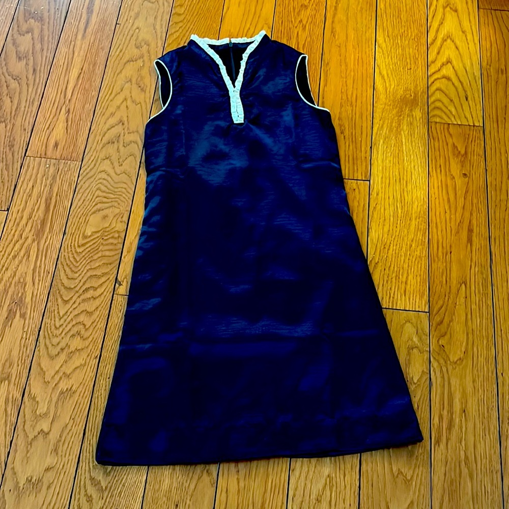 Beautiful chic navy dress with cream short ruffle trim